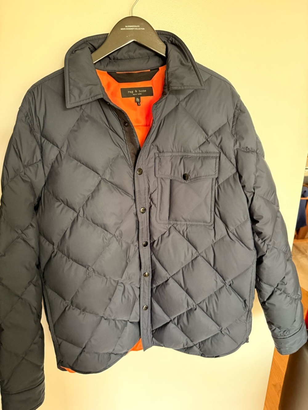 rag & bone Navy Quilted Down Shirt Jacket with Orange Lining